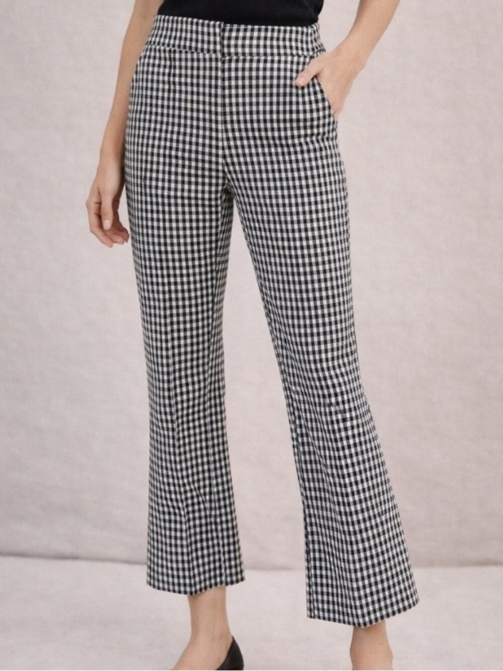 Veronica Beard Tani Gingham Plaid Kick Flare Pants Black Ecru Cream Crop SIZE 8